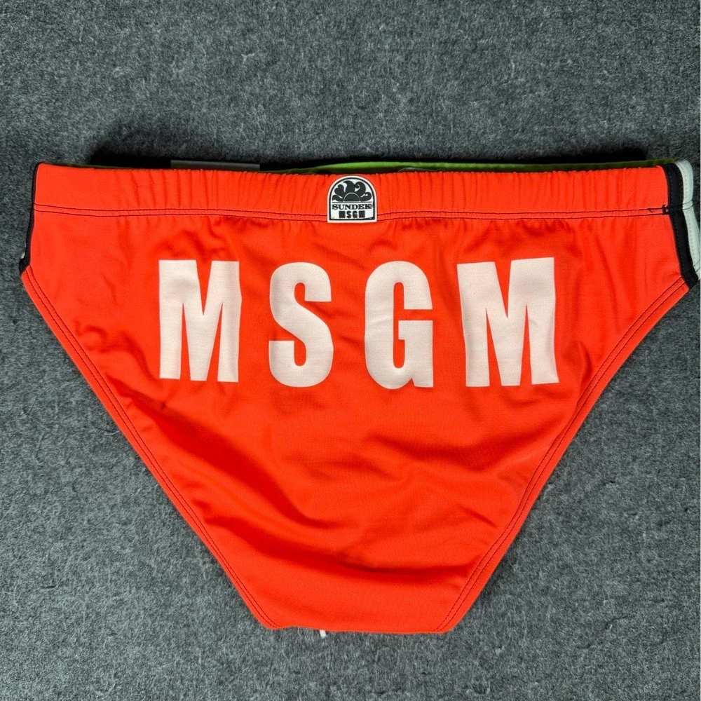 Sundek MSGM Mens Swim Briefs Neon Green Orange Logo Trunks Size M 2840MF200S